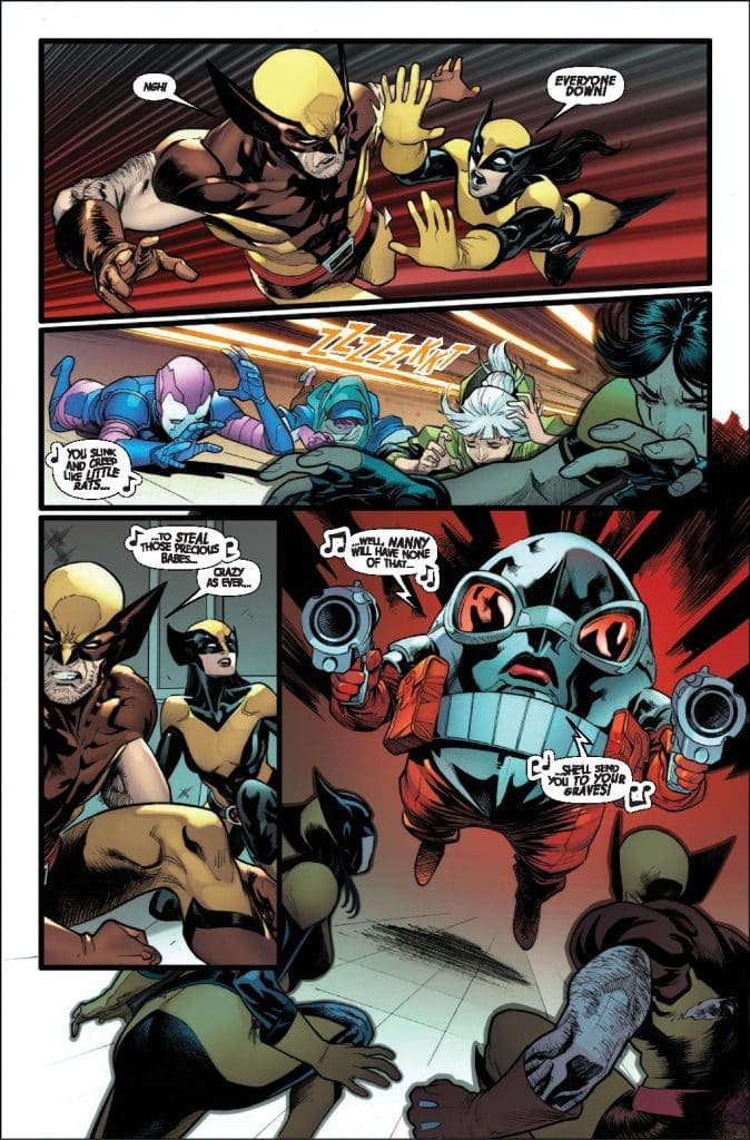 A comic book scene featuring Wolverine and multiple characters in action, with Wolverine shouting 'Everyone down!' and a villain brandishing guns in a tense standoff.