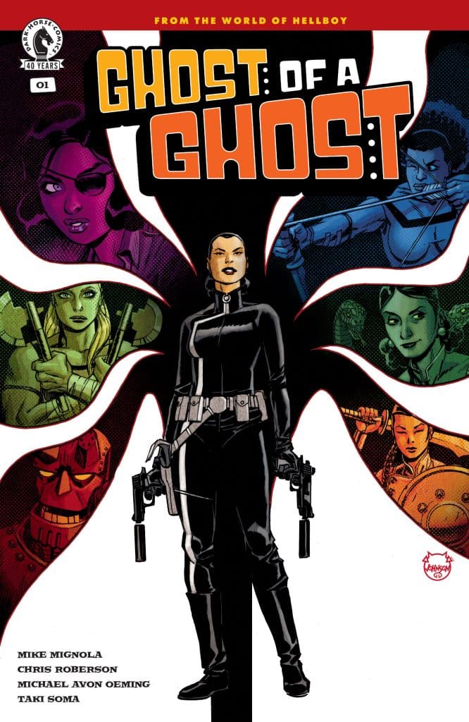 Comic book cover for 'Ghost of a Ghost' featuring a central female character in a black outfit holding guns, surrounded by various other characters in colorful panels, all set against a stylized background.