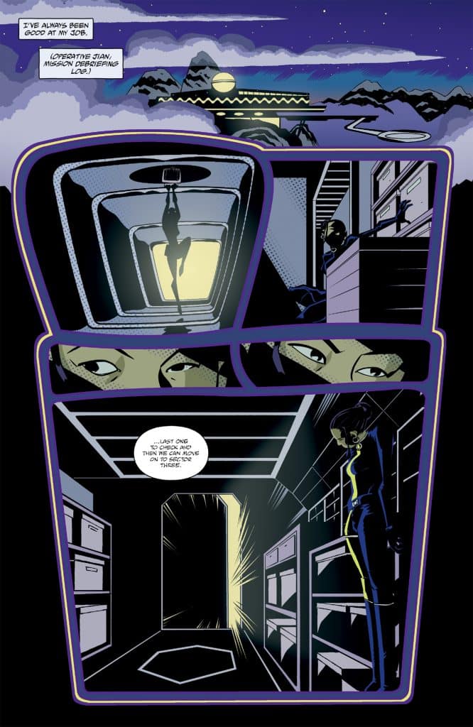 A comic panel featuring a dark, mysterious setting with mountains in the background and a large moon. One character is hanging in a brightly lit area, while another character observes from the shadows, highlighting tension and intrigue in the story.