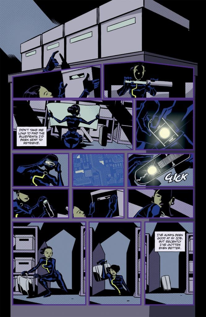 Comic panel depicting a character in a futuristic outfit retrieving blueprints from storage, using a flashlight.