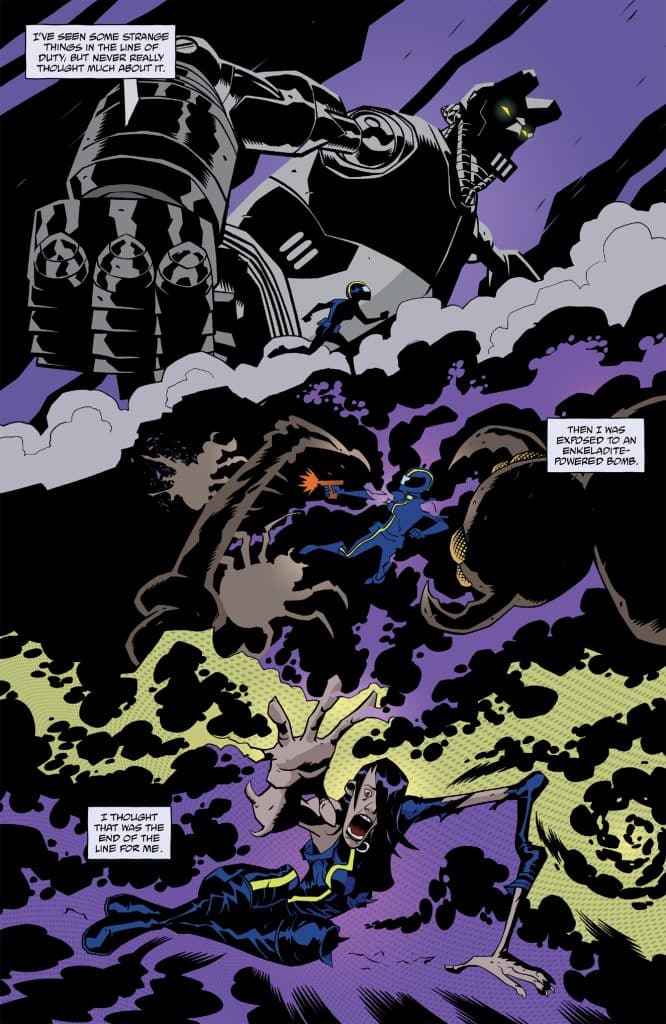 A comic panel featuring a giant robot in the background and two characters in colorful outfits. One character is reaching out with an anguished expression, while the other appears to be in motion. The background has swirling clouds and dark colors, suggesting a chaotic scene.