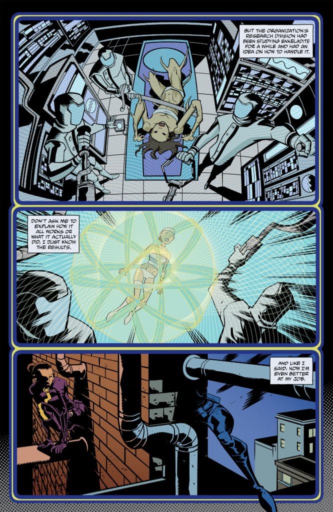 A comic book panel showing a woman lying on a table, being examined by robotic figures in a scientific setting, with a glowing energy field surrounding her. The second panel depicts an abstract light and energy scene. The final panel features a character in a superhero outfit perched on a building, reflecting on their enhanced abilities.