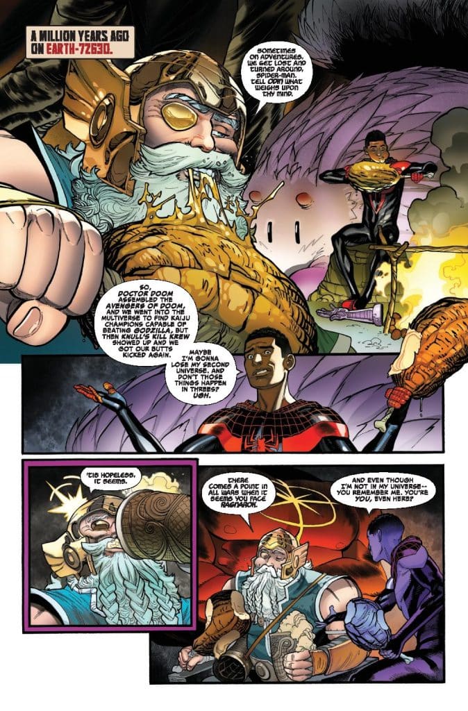 A comic book page depicting a scene from a superhero narrative. Characters include a muscular man with a long beard wearing a decorated helmet and armor, expressing frustration. Another character, a young Black man in a black suit, listens intently. In a smaller panel, the armored character holds a large mug and reflects on hopelessness, while other characters appear in conversation in a colorful backdrop.