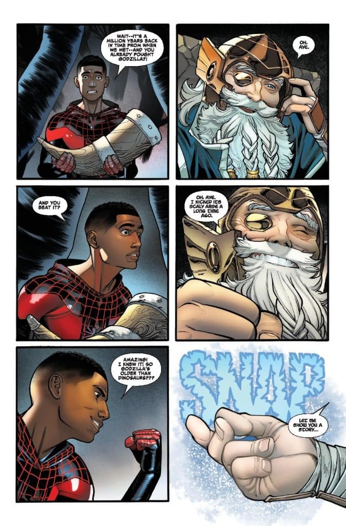 A comic panel featuring a young superhero in a spider-themed costume conversing with a wise, bearded character in a Viking helmet, discussing Godzilla.