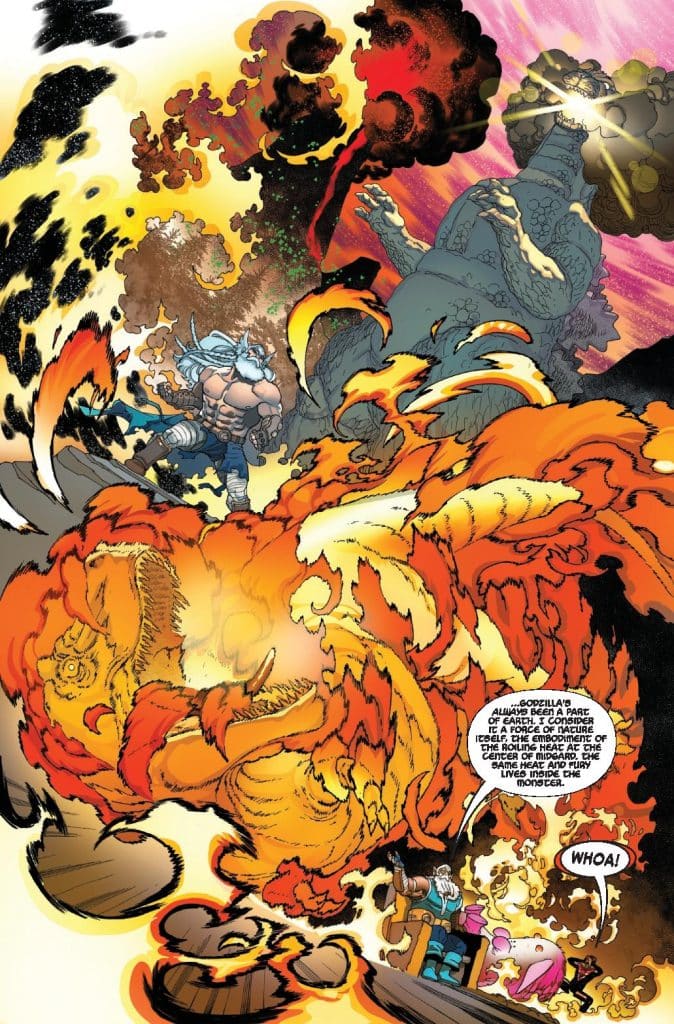 A vibrant comic book scene featuring a fierce battle with colorful explosions, flames, and smoke. A muscular character stands ready to fight, while a large, menacing creature reminiscent of Godzilla looms in the background. Additional characters, including a seated figure and a small animal, observe the chaos with surprise.