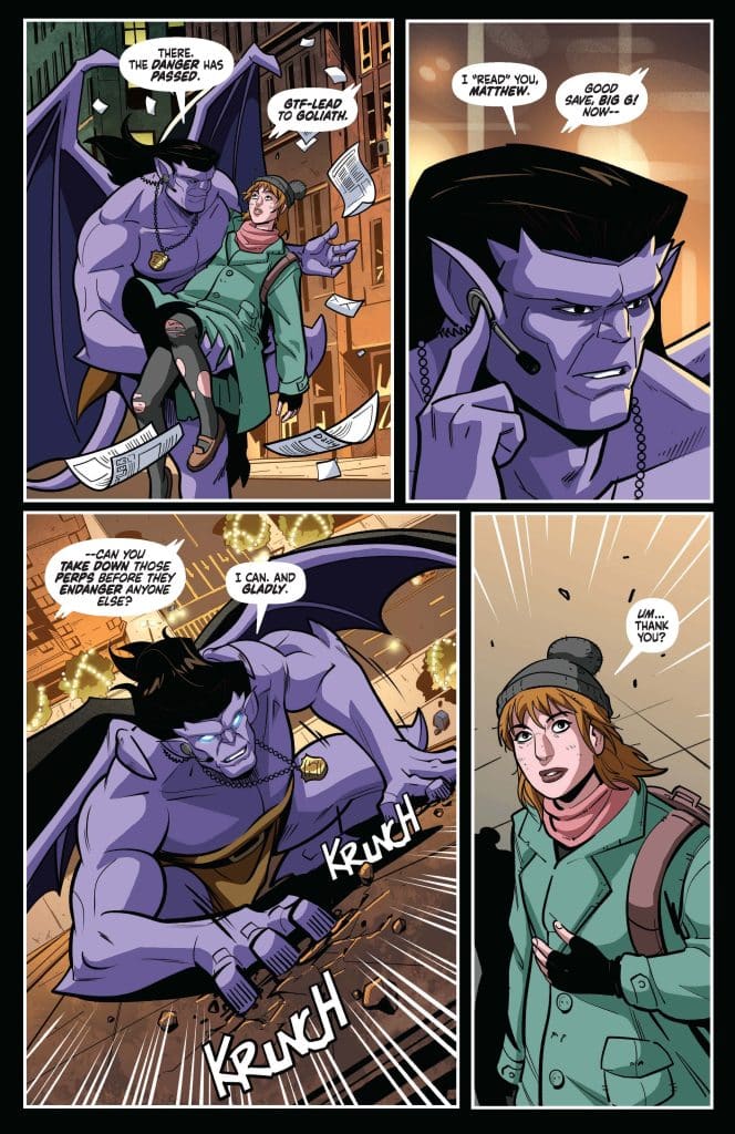 A purple-skinned superhero carrying a woman in a green coat, with scattered papers around them in a cityscape setting. The superhero is on a phone, expressing his readiness to take action against a threat.
