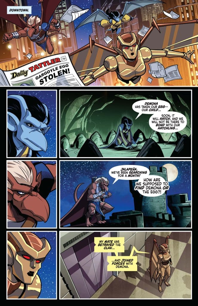 Comic panel depicting a scene where characters discuss a stolen gargoyle egg, featuring a newspaper headline about the theft, and animated characters expressing concern about their quest to find Demona and the egg.