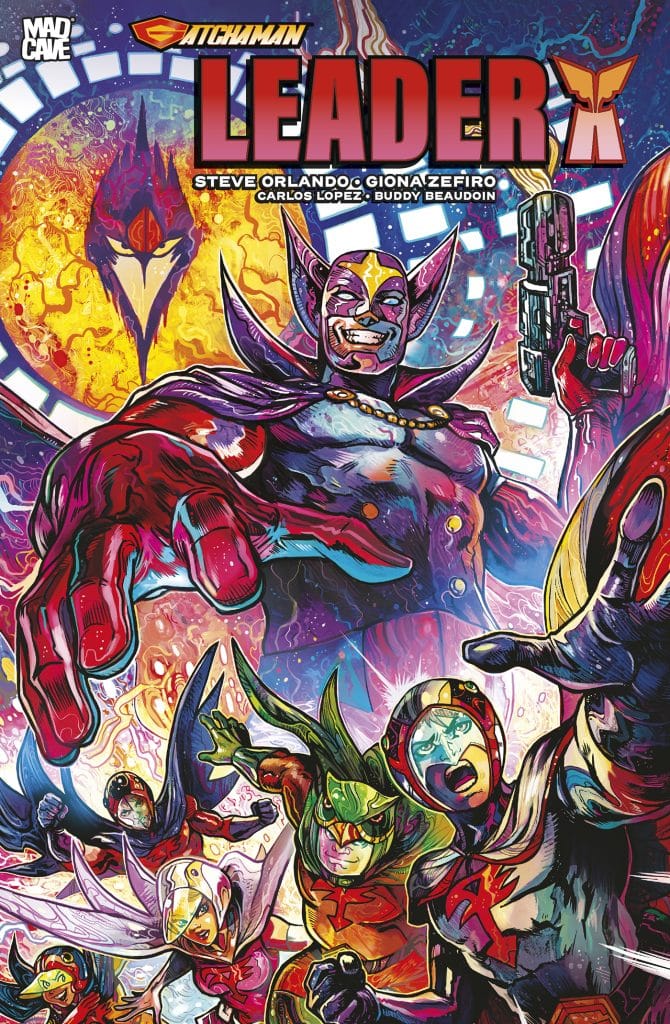 Comic book cover featuring a powerful villain named Leader X surrounded by various superheroes in dynamic poses, showcasing a vibrant and colorful illustration style.