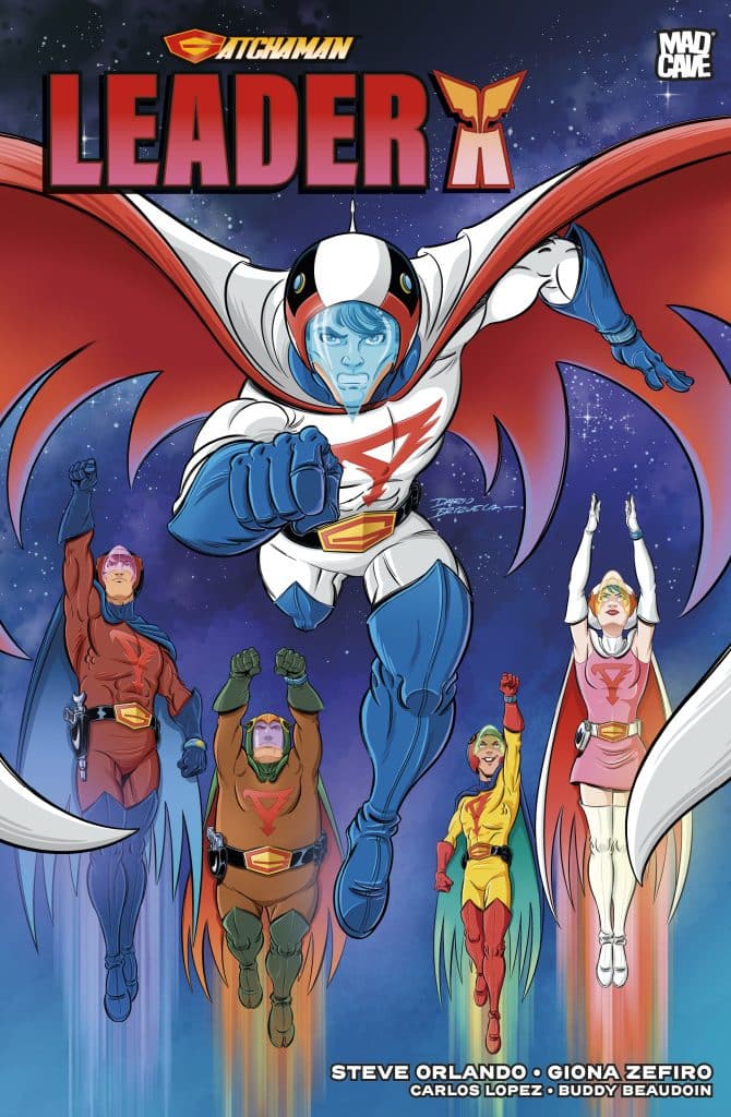 Comic book cover featuring five superheroes in colorful costumes, with the central character wearing a white suit and blue accents, leading the group. The title 'Gatchaman Leader X' is prominently displayed at the top, with a space-themed background.