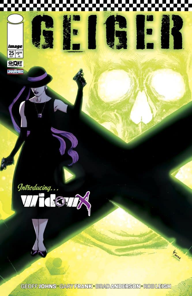Cover of the comic book 'Geiger' issue 25 featuring a character named Widow X, depicted wearing a black dress and hat, holding a gun against a bright yellow and green background with a skull illustration.