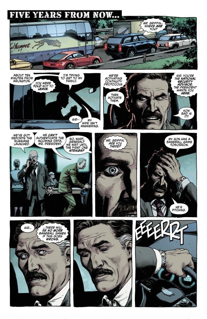 A comic panel titled 'FIVE YEARS FROM NOW...' featuring various characters in a tense conversation about a national crisis. One character appears distressed while discussing family and a continuity protocol, while another warns about the consequences of mishandling the situation, hinting at high stakes.