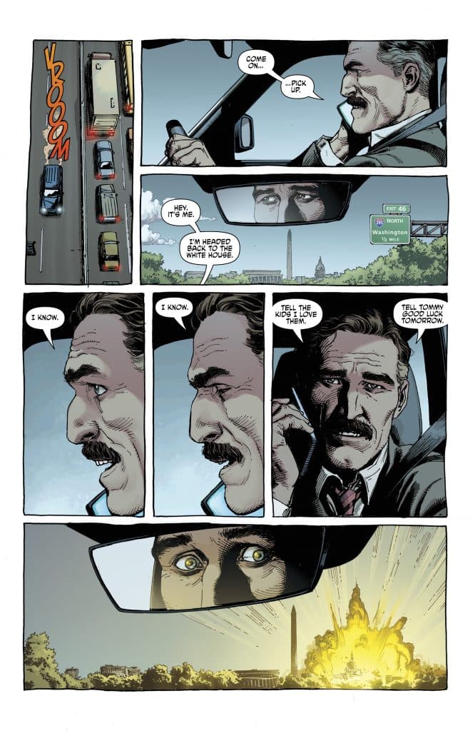 A comic panel featuring a man in a car speaking on the phone while driving towards the Washington Monument, with an explosion visible in the background.