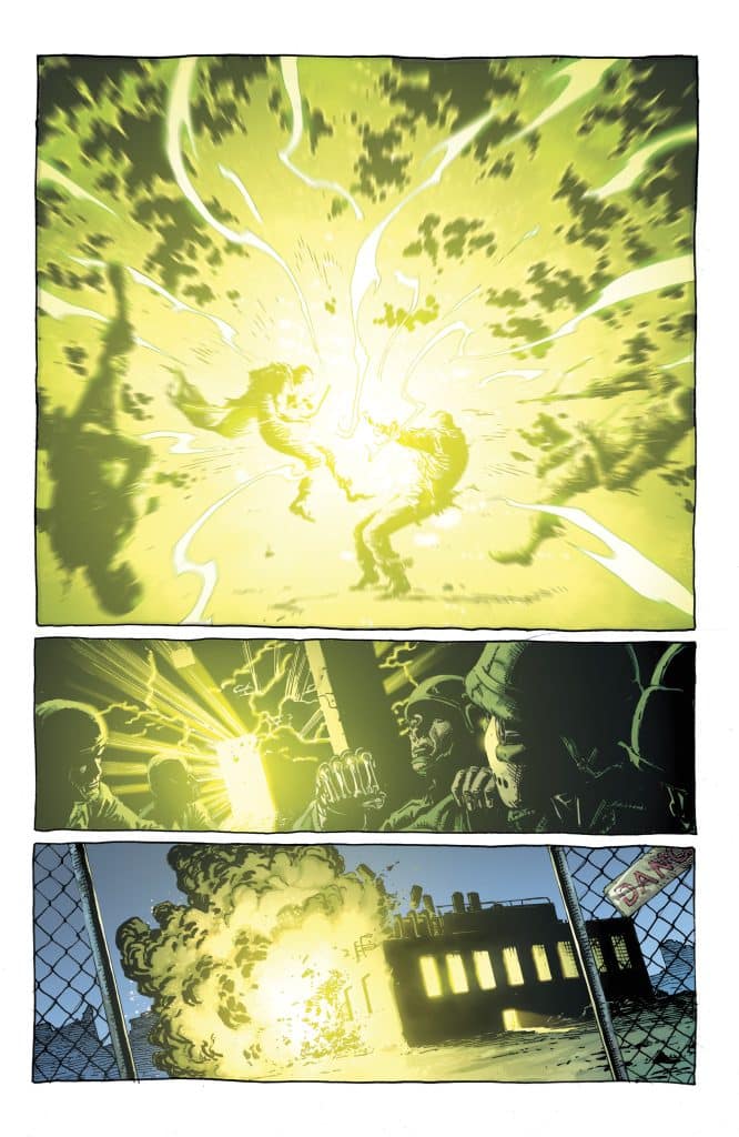 A bright explosion of green light, with two figures caught in the middle of a clash, depicted in the top panel.