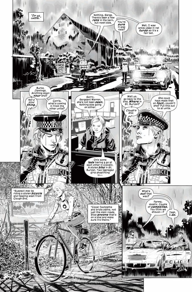 A black-and-white comic panel featuring police officers discussing a stolen bicycle case in a rural setting, with rain and a barn in the background.