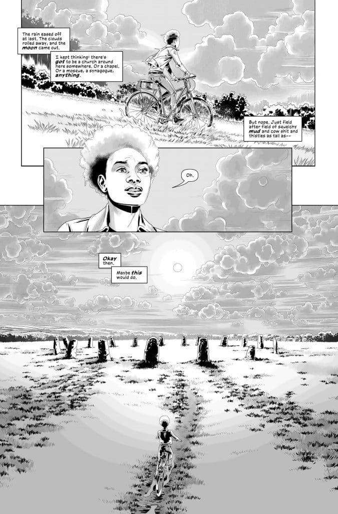 A young person riding a bicycle through a field towards stone monoliths under a cloudy sky. The scene contains comic-style text boxes reflecting thoughts about finding a place of worship.
