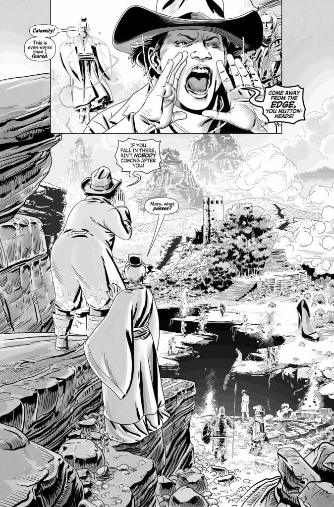 A black and white comic scene depicting a man in a hat yelling a warning from a rocky edge while a woman in traditional attire stands beside him, looking towards a distant landscape with figures in the foreground.
