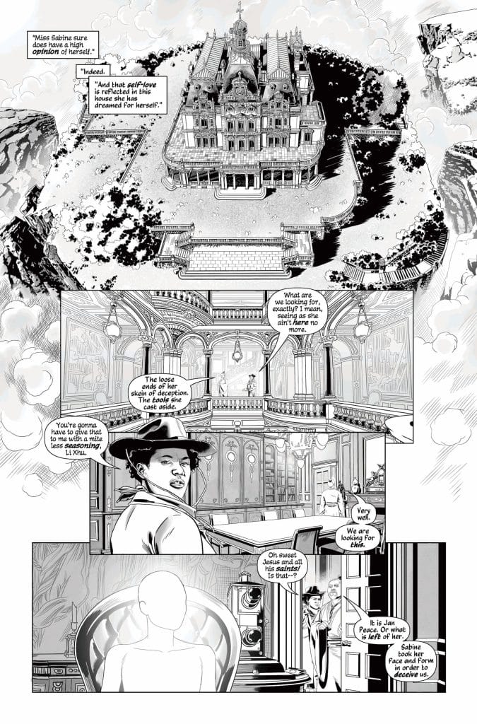 A black and white comic panel showcasing an elaborate mansion surrounded by clouds and mountains, with characters discussing themes of deception and identity inside an ornate room.