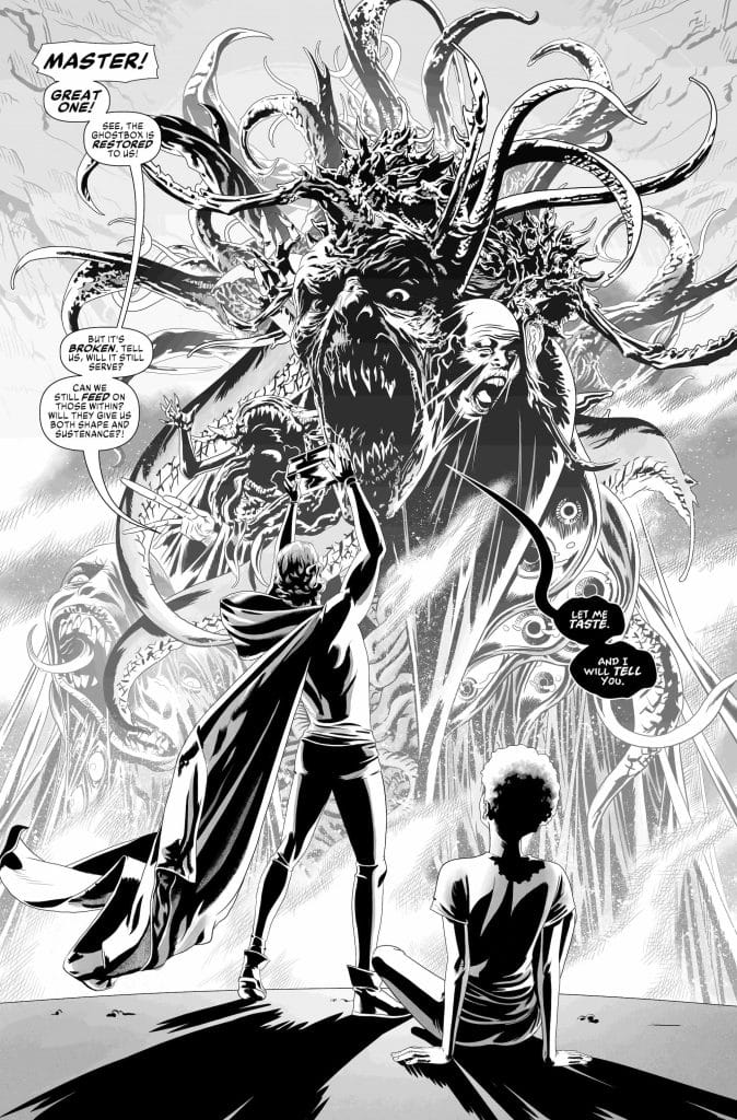 A dramatic black and white comic illustration featuring a figure in a cape interacting with a monstrous creature with multiple heads and tentacles, while another character observes. Speech bubbles indicate a conversation about power and sustenance.