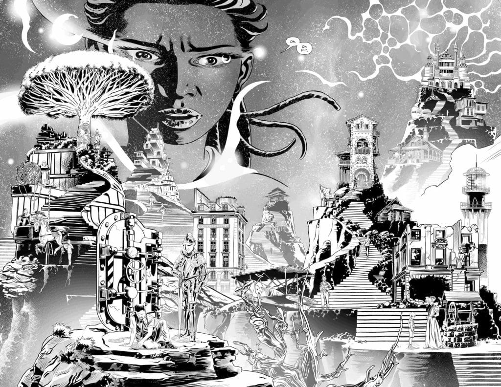 A black and white illustration featuring a woman with an intense expression surrounded by surreal landscapes, including fantastical buildings, a spiral tree, and characters interacting in a dreamlike setting.