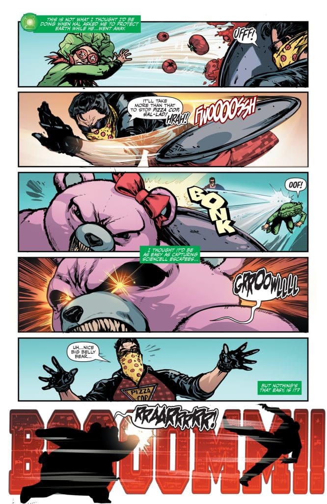 A comic panel featuring a character in a pizza-themed outfit battling a monstrous bear, with exaggerated action lines and sound effects like 'BOOM!' and 'GROOWL!'. The scene depicts intense combat with humorous dialogue.