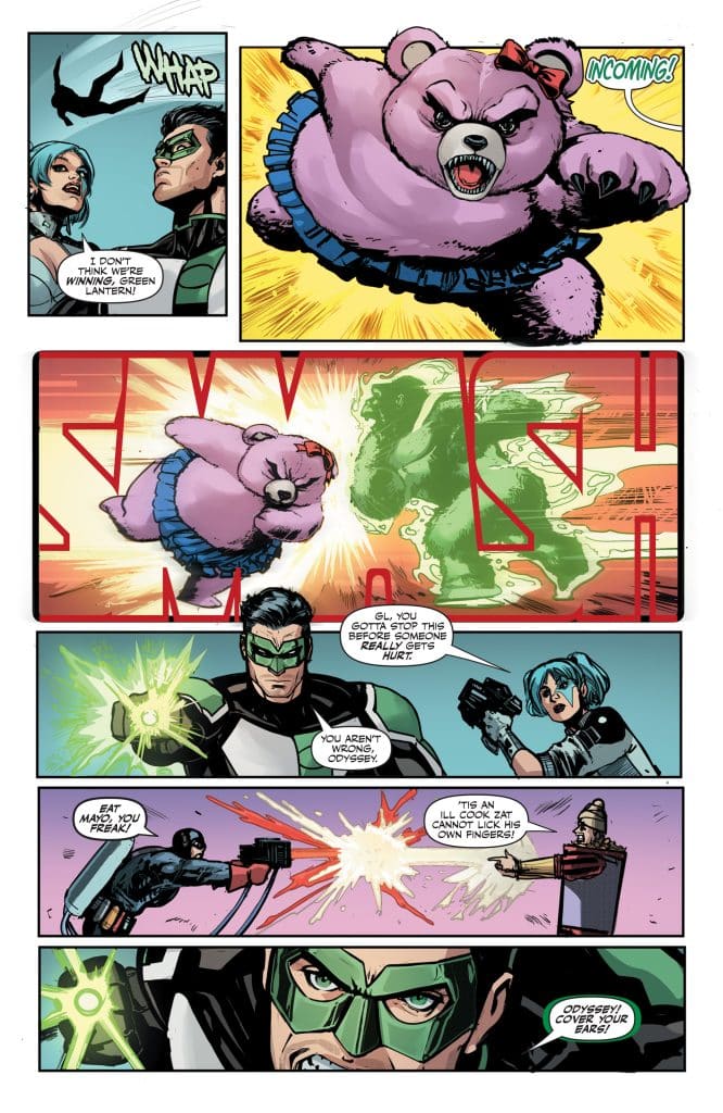 A comic page featuring a large, pink, bear-like creature with an angry expression wearing a blue tutu, charging forward. Characters discussing strategy, with one character in a Green Lantern costume looking concerned. Another character, a female in a black and white outfit, is urging action. Speech bubbles convey urgency and humor.