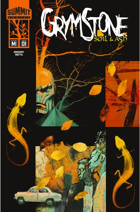 Comic book cover for 'Grymstone: Soil & Ash' featuring stylized characters, abstract backgrounds with trees and leaves, and a vintage car.