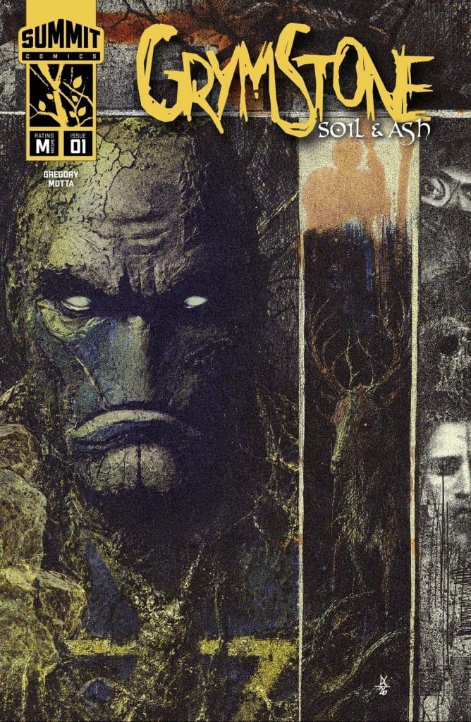 Cover of the comic book 'Grymstone: Soil & Ash' featuring a somber, textured graphic with dark colors and an abstract depiction of a figure. The title and publisher logo are prominently displayed.