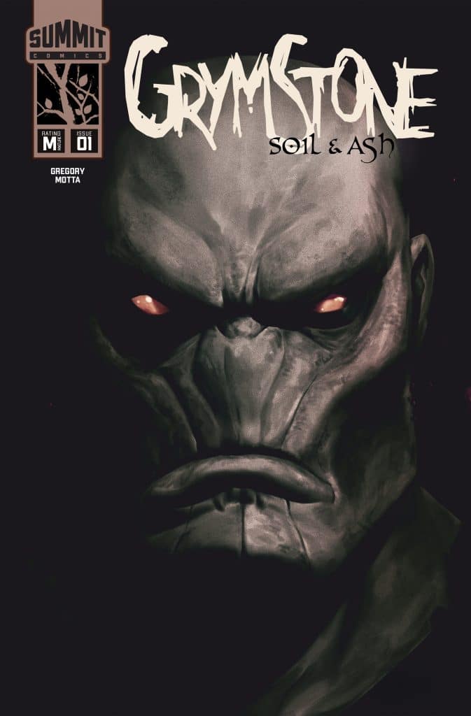 Cover art for the comic 'Grymstone: Soil & Ash' featuring a dark, brooding figure with glowing red eyes and a rugged, stone-like face.