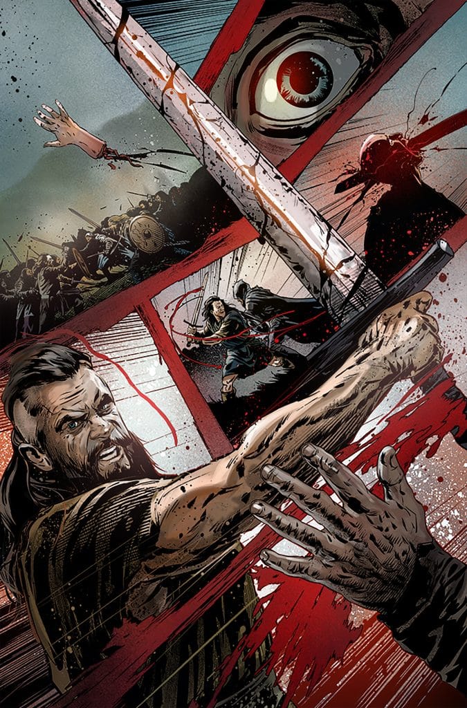 A dynamic comic panel showing a fierce battle scene with a muscular warrior wielding a sword, blood splattering across the frame, and intense facial expressions depicting anger and determination.