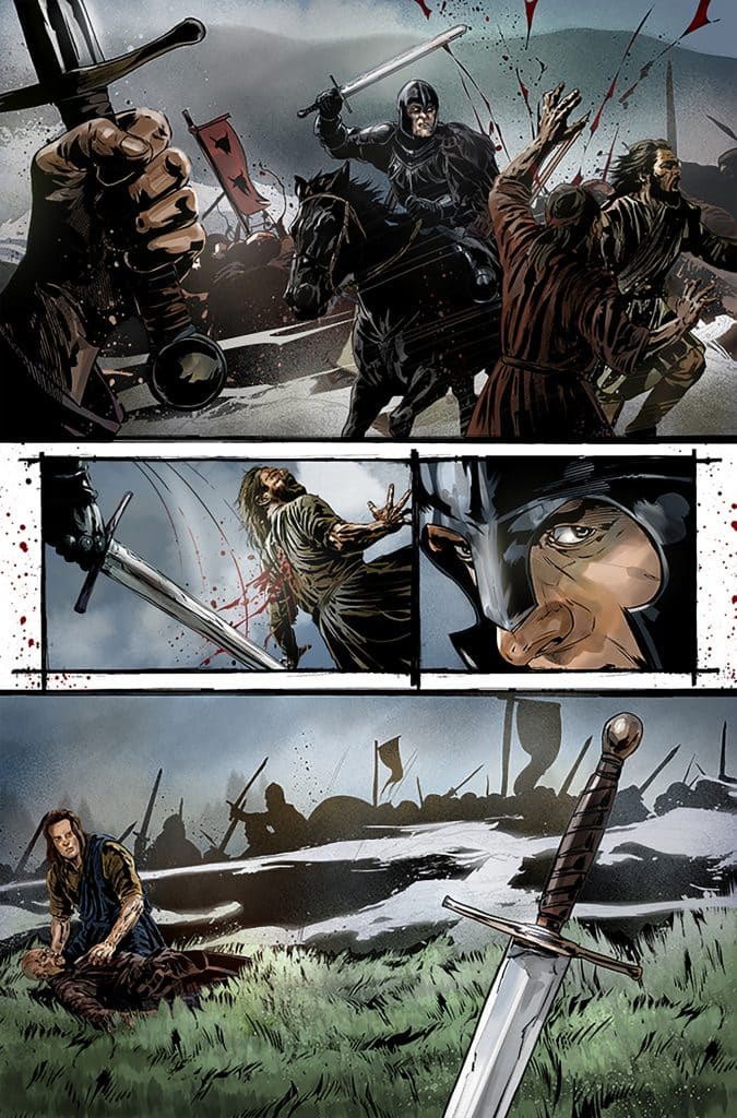 A dramatic comic panel depicting a medieval battle scene with a knight on horseback and warriors engaging in combat. Blood is visible, and a focus on a fallen warrior laying on the ground alongside a sword.