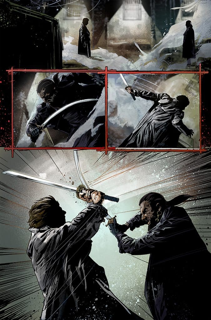 A dramatic comic panel depicting two characters in a swordfight, with one character wielding a sword and the other preparing to engage. The background suggests a snowy environment and an atmosphere of tension.