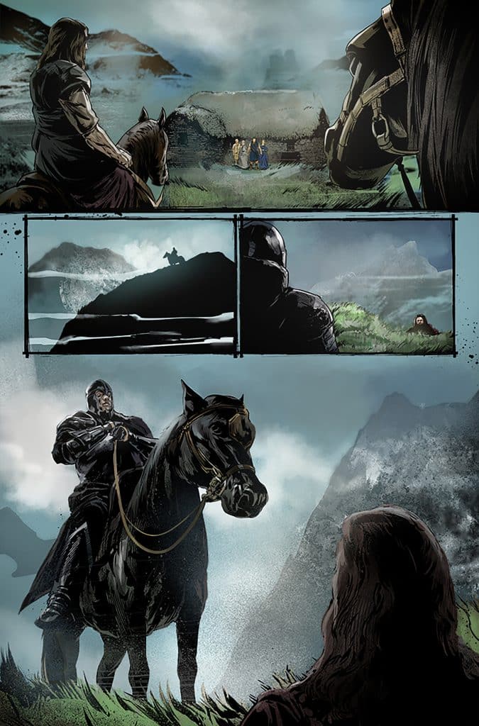 A warrior on horseback observes a distant settlement in a mountainous landscape, while a mysterious figure watches from the shadows.