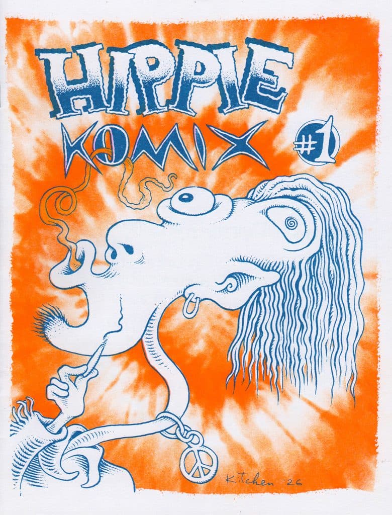 Cover art for 'Hippie Komix #1' featuring a whimsical, exaggerated character with a large nose and long hair, smoking and surrounded by swirling smoke, set against an orange tie-dye background.