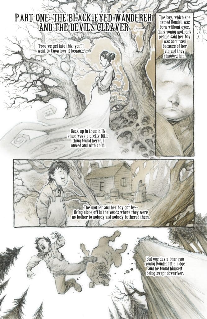 Illustration depicting a story titled 'Part One: The Black-Eyed Wanderer and the Devil's Cleaver'. The scene shows a woman with a child and a tree with intricate branches. Text boxes provide narrative context about the characters, a boy named Rondel and his mother, who live isolated in the woods.