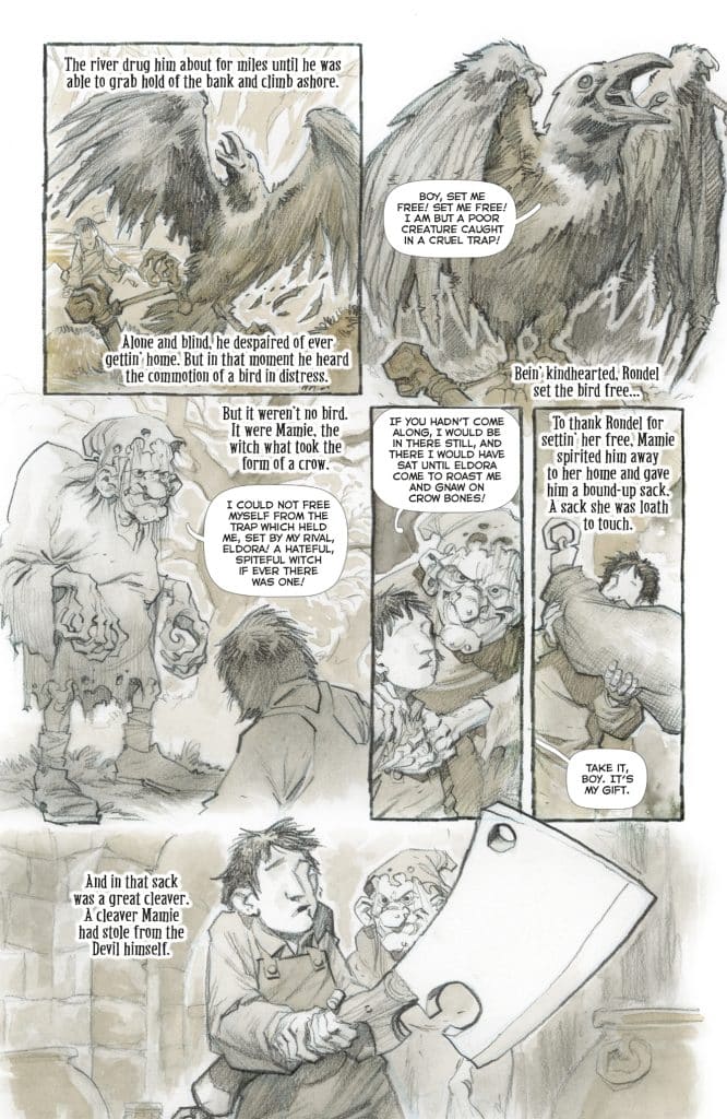 A comic page featuring characters engaged in a dialogue. One character, Rondel, is helping a bird trapped in a net, while another character expresses his gratitude. The scene includes dark and mysterious undertones, with imagery of a cleaver and a devilish reference.