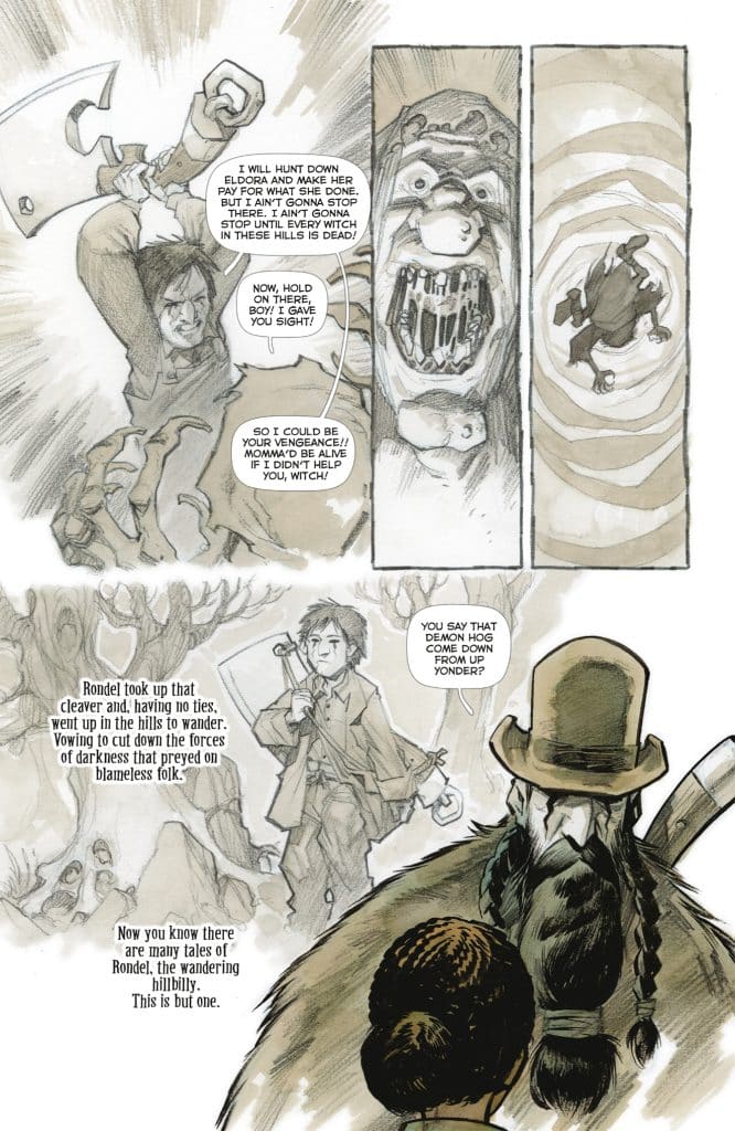 A comic panel depicting two characters in a conversation, with one brandishing an axe and expressing a desire for vengeance against witches, while the other appears to warn him. The background features dark trees, enhancing the dark fantasy theme.