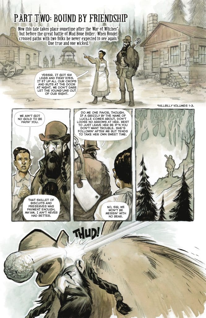 A comic panel titled 'Part Two: Bound by Friendship' depicting a scene set after the War of Witches. Characters include a bearded man and a young woman, engaged in conversation about a dangerous figure named Lucille. The background features trees and a rustic building.