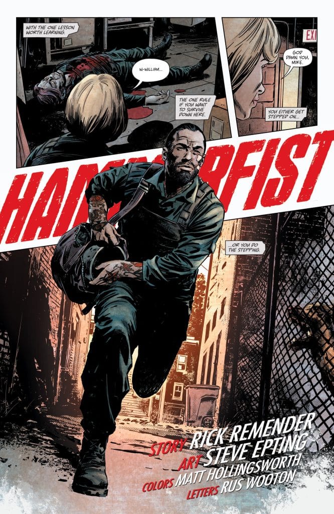 A tense comic book scene featuring a character running through a dimly lit alley, while another character lies motionless in the background. Prominent text reads 'HAMMERFIST'.