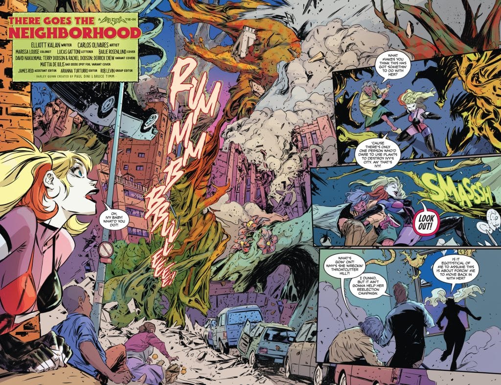 A chaotic comic book scene featuring characters reacting to a massive destruction in the city, with one character expressing concern. The foreground shows a girl with blonde hair and dramatic facial expressions, while a figure behind her quips about the unfolding disaster. Debris and explosions fill the background, emphasizing the urgency and tension.