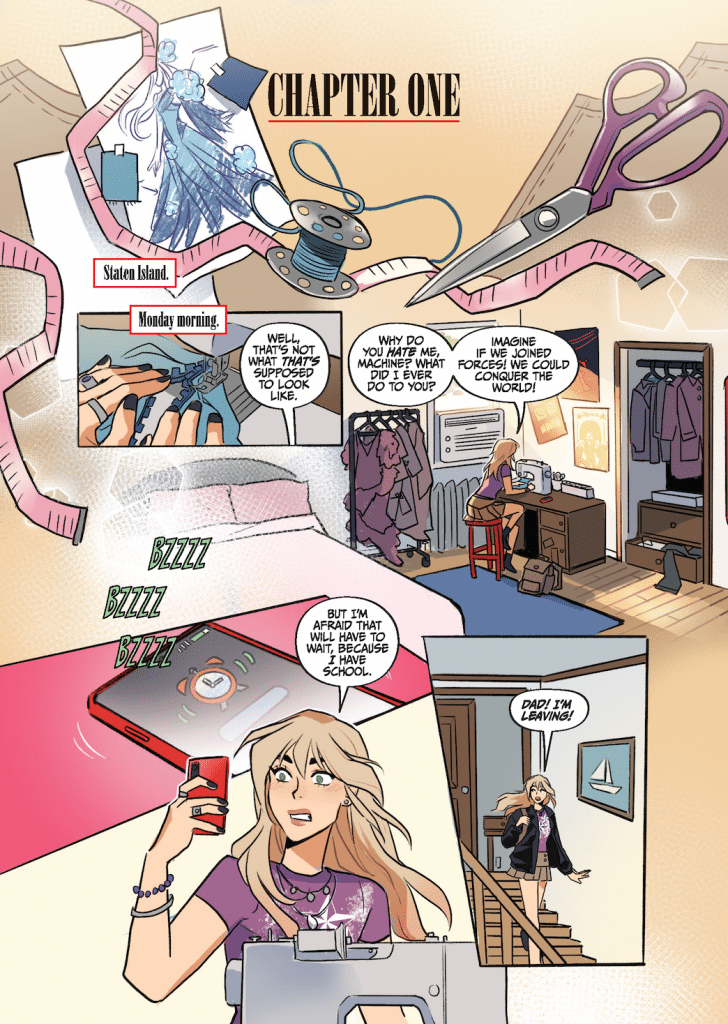 A comic page titled 'Chapter One' set in Staten Island on a Monday morning, featuring a girl with long hair engaged in sewing, with dialogue about a malfunctioning machine and a discussion about school.