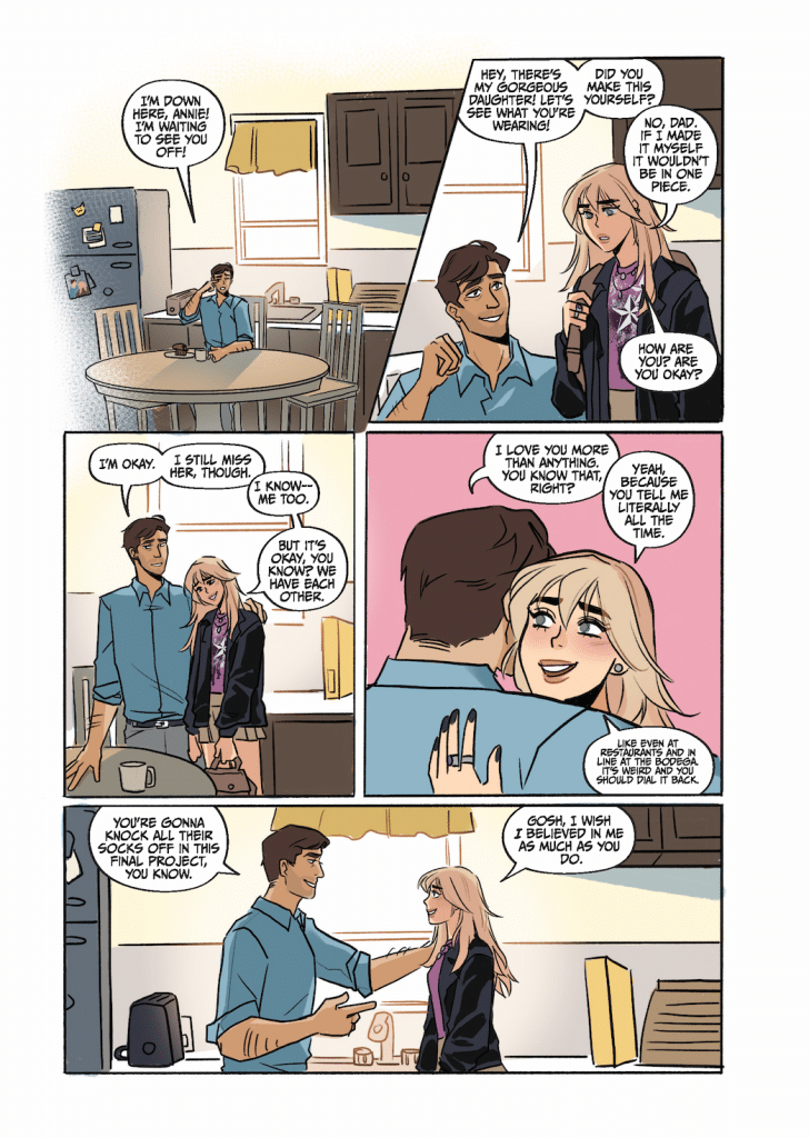 A comic-style illustration featuring two characters in a kitchen setting, engaging in a warm conversation. One character is a young woman with long hair and a stylish outfit, smiling at the other young man, who is wearing a blue shirt. Their dialogue touches on themes of support and encouragement.