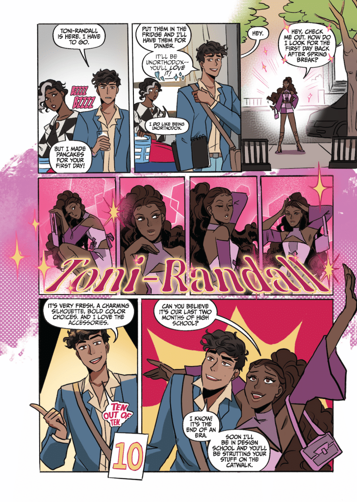 A comic panel featuring characters discussing the first day back at school after spring break. One character, Toni-Randall, is highlighted with stars and sparkles, while another character offers critique on the outfit. The panel includes a rating of '10 out of 10' for style with colorful graphics.