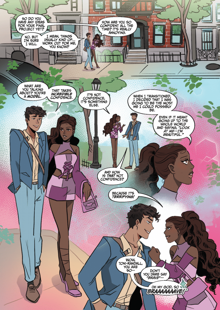 A comic-style illustration featuring two characters in conversation outside, with a background of buildings and greenery. One character is wearing a light blue suit and the other is in a pink outfit. They discuss themes of confidence and personal transformation in a casual and humorous manner.