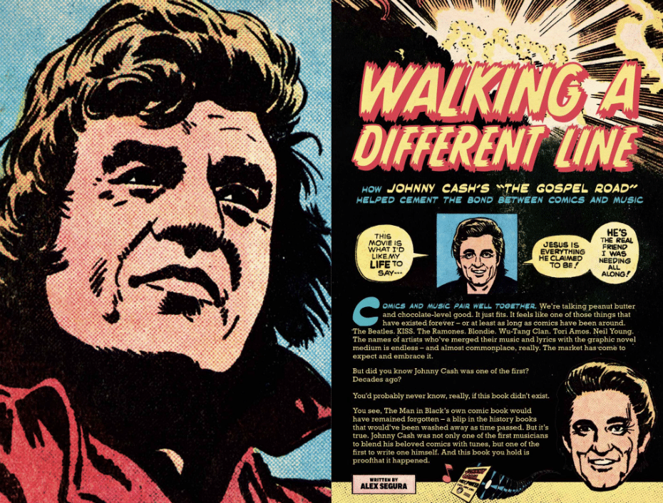 An illustrated feature about Johnny Cash, focusing on his film 'The Gospel Road' and its connection to comics and music. The image shows a colorful comic-style portrait of Cash alongside text discussing his influence and legacy in both mediums.