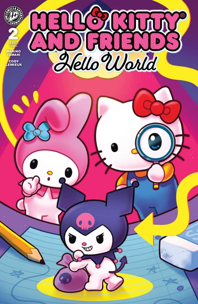A colorful comic book cover featuring Hello Kitty and friends, including a character holding a magnifying glass and another character looking mischievous, against a vibrant background with artwork elements like a pencil and paper.