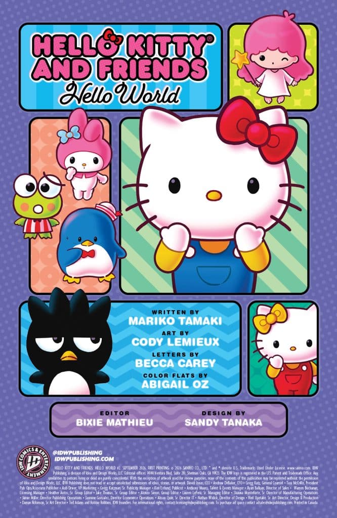 Cover of 'Hello Kitty and Friends: Hello World' featuring Hello Kitty, My Melody, and several other characters in vibrant colors and playful designs.