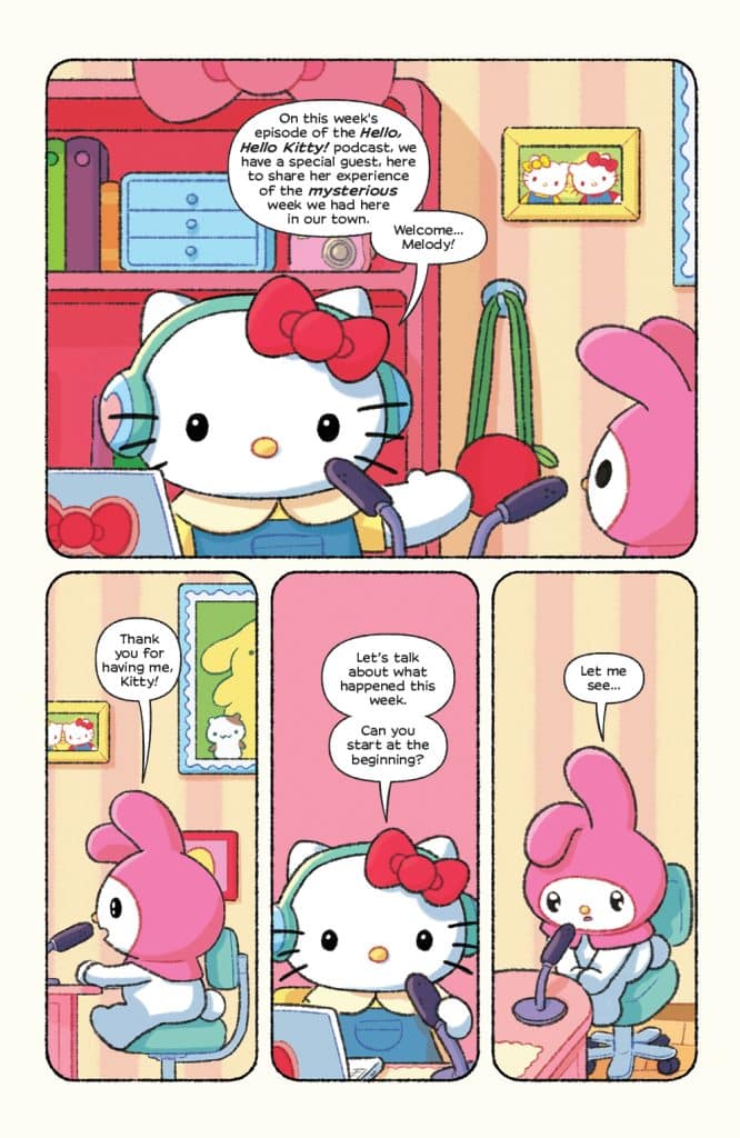 Hello Kitty hosts a podcast episode featuring Melody, discussing a mysterious week in town.
