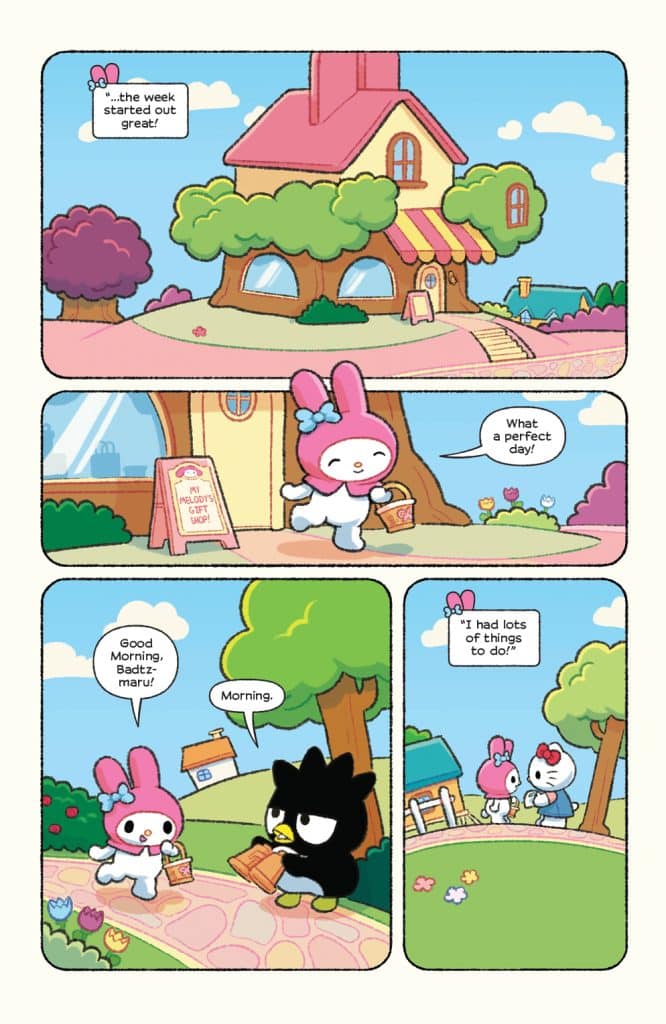 A colorful comic strip featuring cute cartoon characters, including a bunny in a pink outfit and a black bird, interacting in a cheerful neighborhood setting with a house and trees.