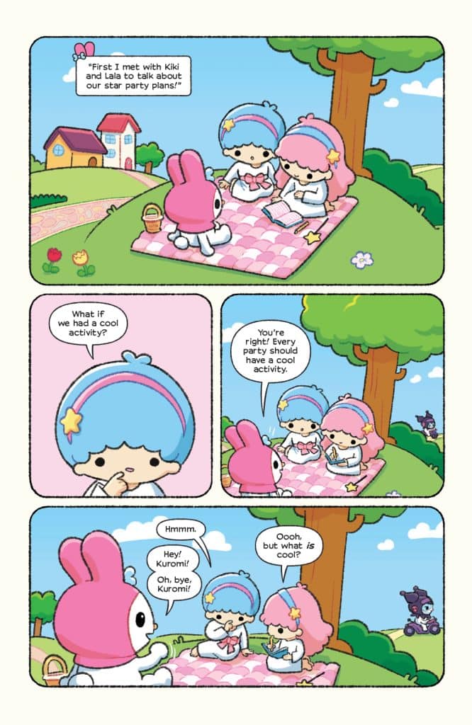 A colorful illustration of Kiki, Lala, and a pink bunny character sitting on a picnic blanket discussing party plans in a cheerful outdoor setting.