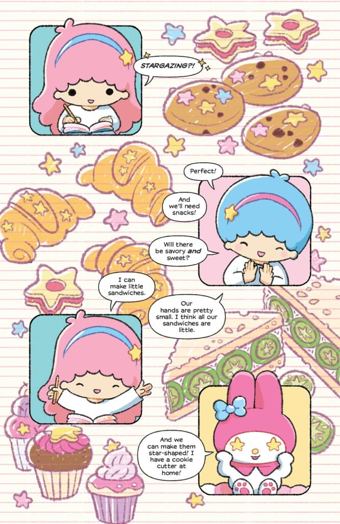 A colorful cartoon scene featuring two characters discussing snacks for stargazing. One character suggests making little sandwiches while the other agrees and adds that they can use a star-shaped cookie cutter. Various playful snacks like cupcakes and cookies are illustrated in the background.